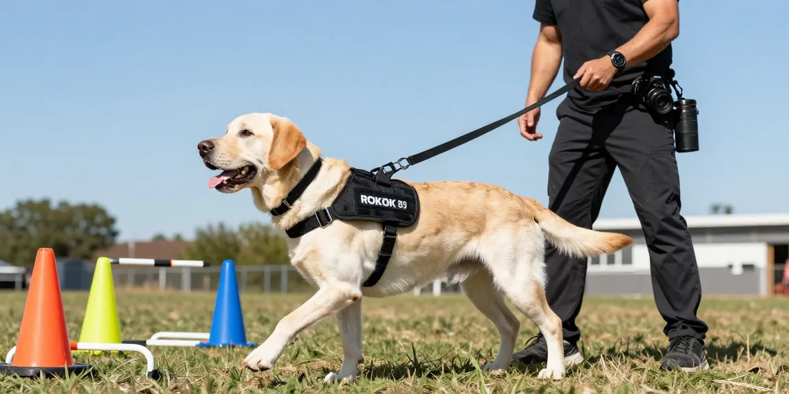 Training scene with ROKOK88 tactical gear showcasing a focused Labrador during obedience training