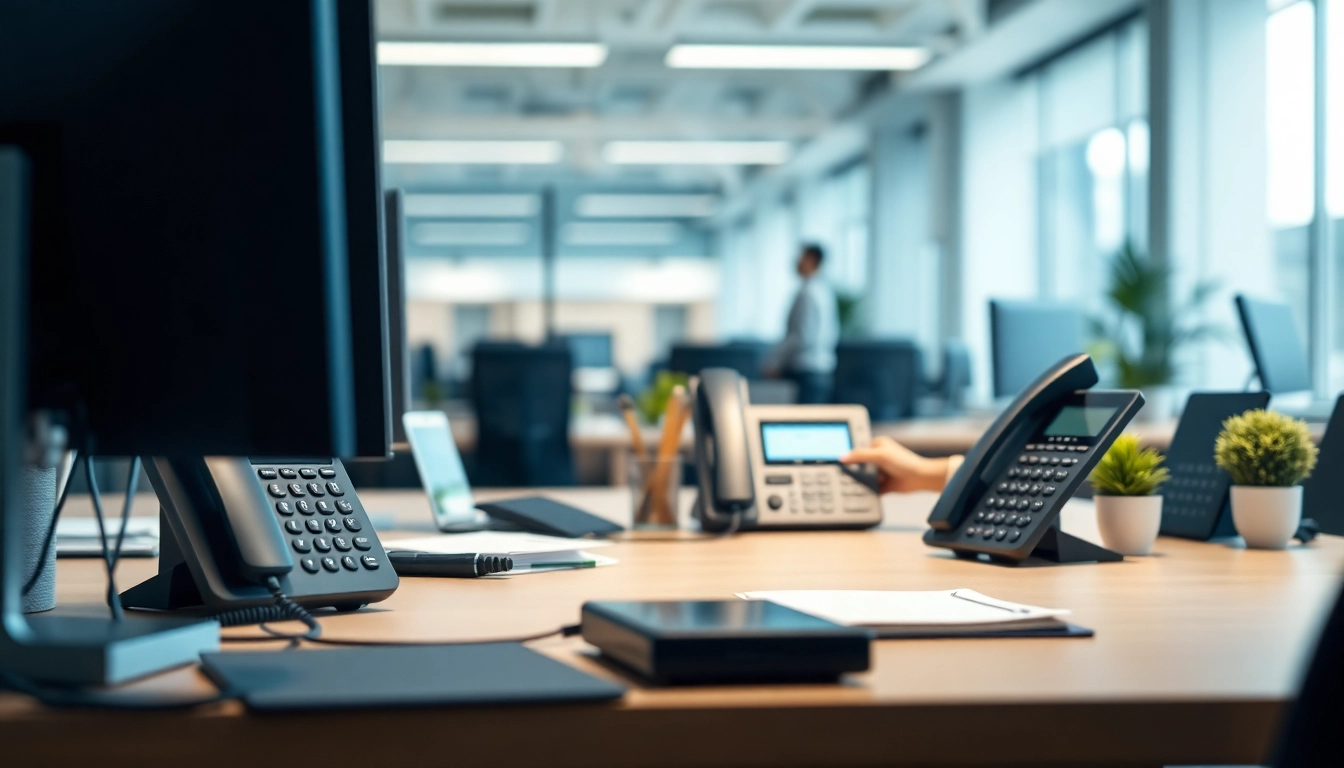 Engaging scene of small business phone systems in an office setting highlighting productivity.
