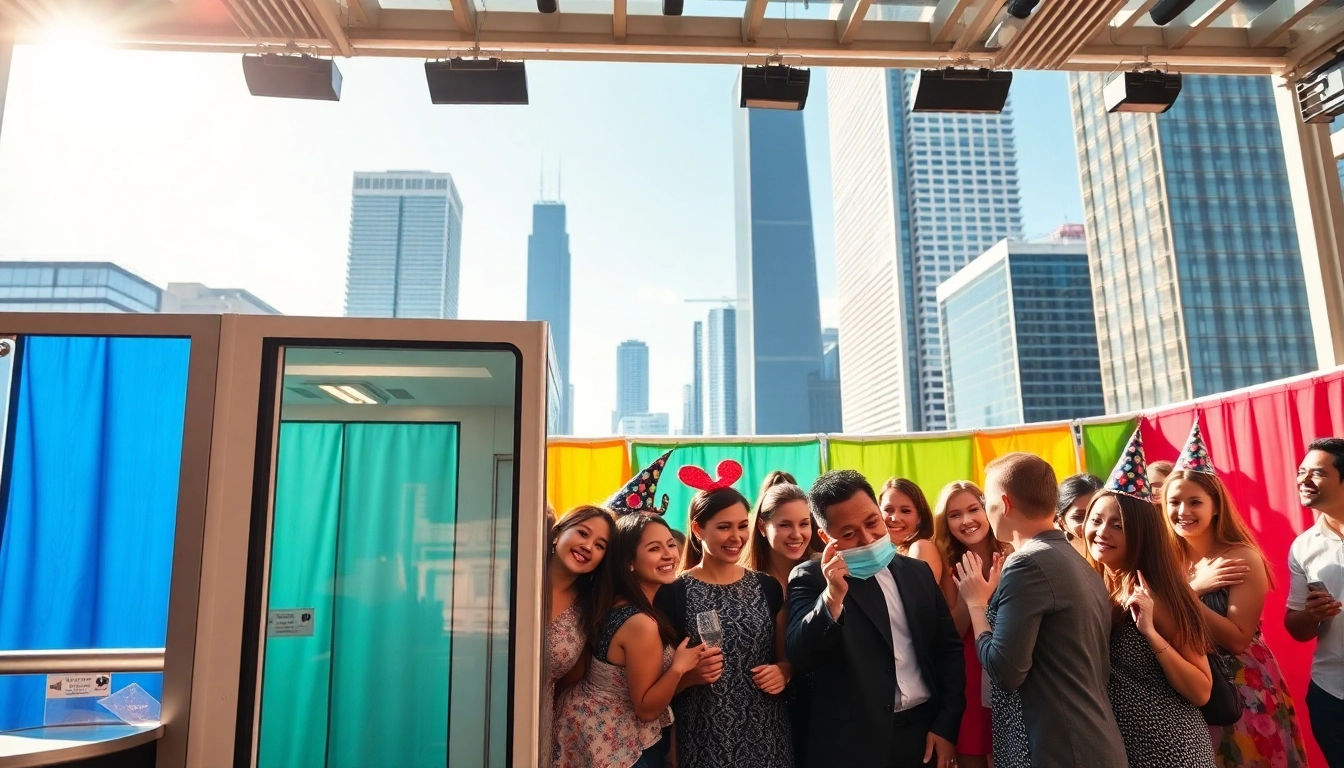 Engaged guests enjoy a photo booth Chicago experience at a colorful Chicago event.