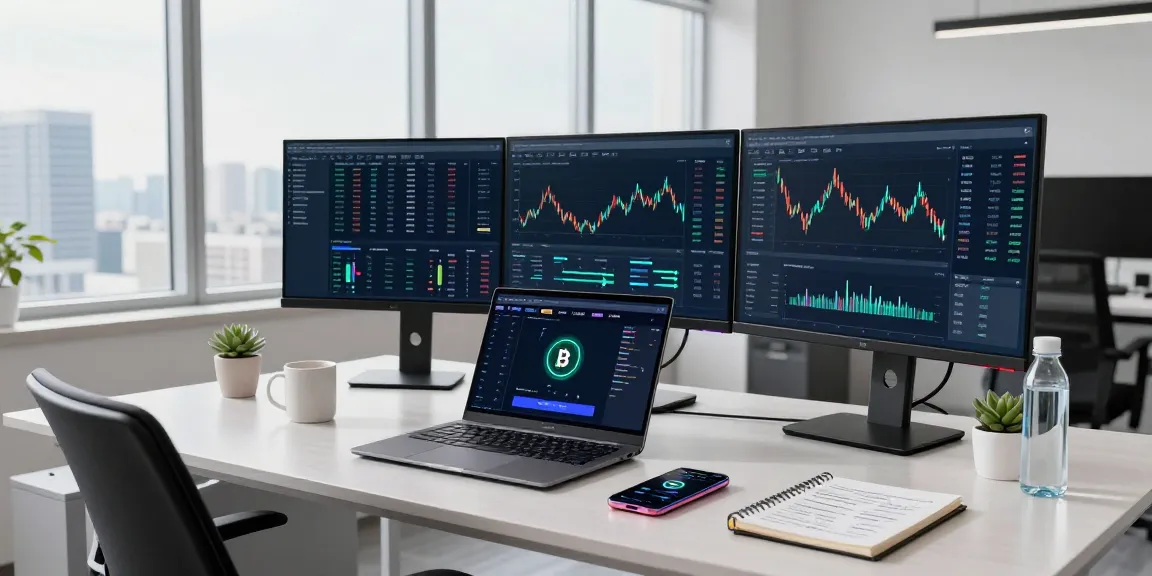 Automated bitcoin mining interface displayed on multiple monitors in a modern cryptocurrency trading workspace, showcasing advanced trading tools and DeFi platforms.