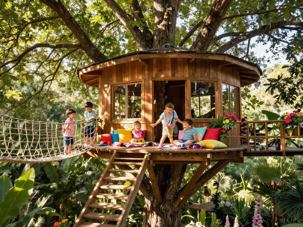 Family enjoying tree house life in a magical forest retreat, creating memorable experiences together.