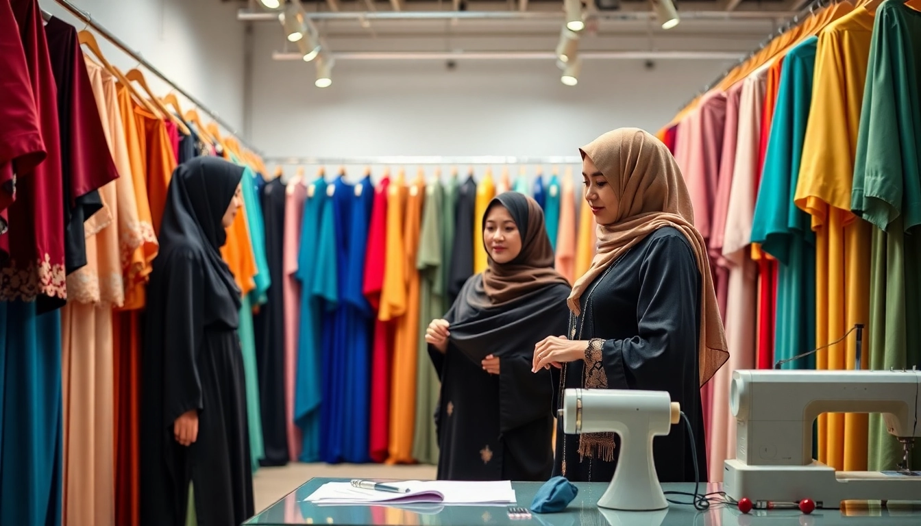 Stylish abaya manufacturer showcasing elegant designs in a vibrant showroom.
