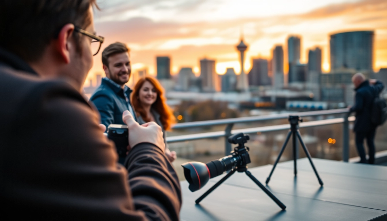 Capture the essence of a photography company edmonton with a photographer working in a scenic location.