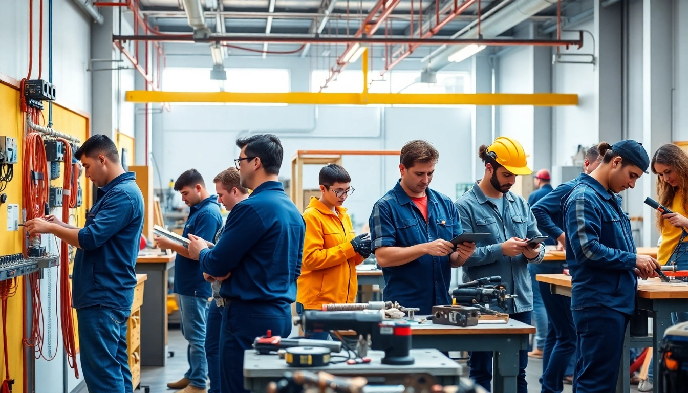 Skilled trades training session with diverse individuals working in a workshop environment.