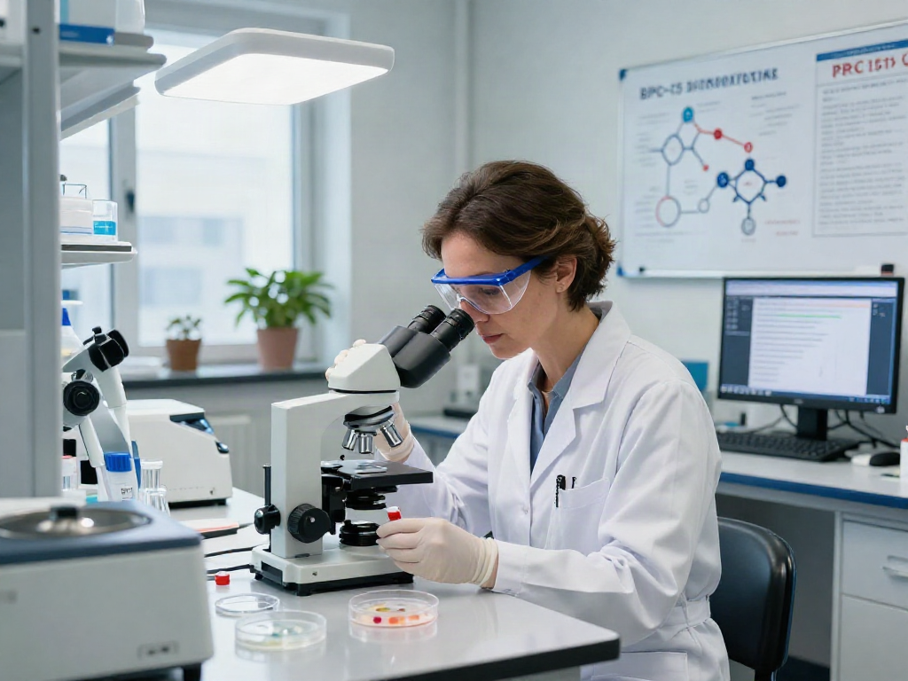 BPC-157 research supplier featuring a scientist examining peptides in a modern laboratory.
