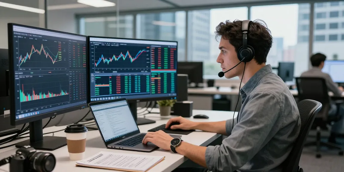 Data analyst engaged in NASDAQ live data analysis at a modern trading desk.