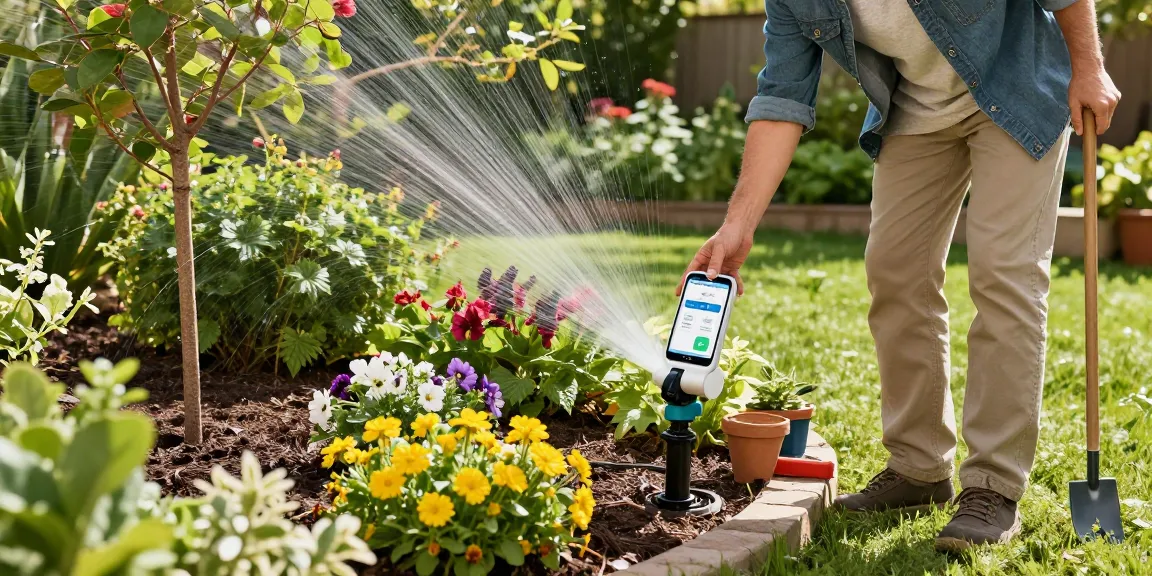 Homeowner using the rainpoint sprinkler timer app in a lush garden, adjusting watering settings.