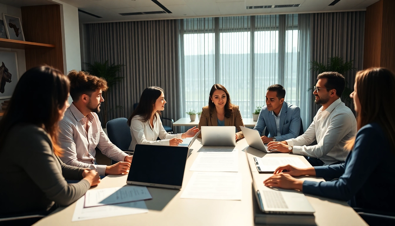 Collaborative entrepreneurs discussing how to register company in USA in a modern office.