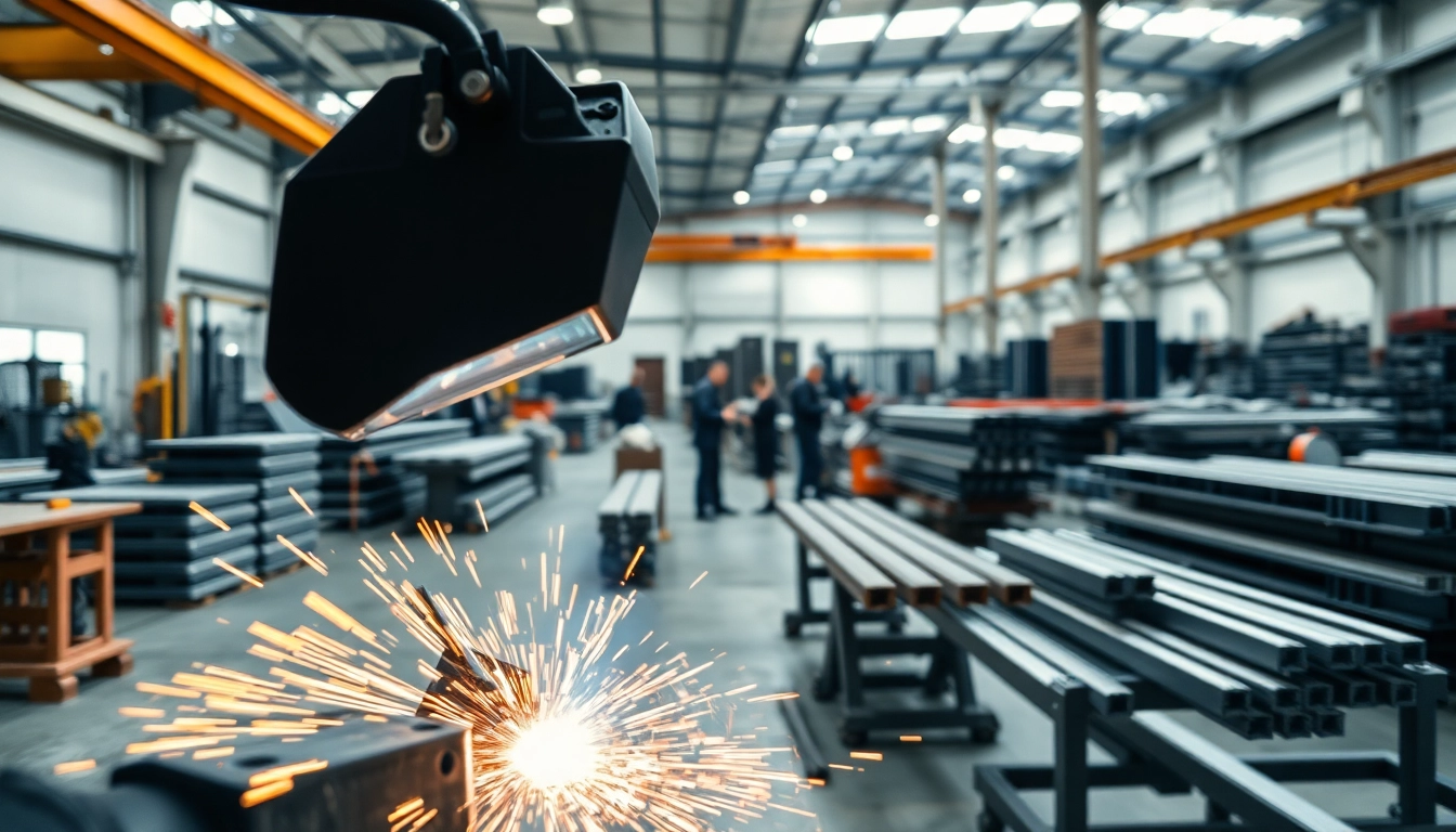 Workers welding metal components in a steel fabrication shop, showcasing craftsmanship and precision.