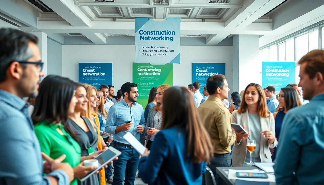 People engaging in construction networking discussions during an event.