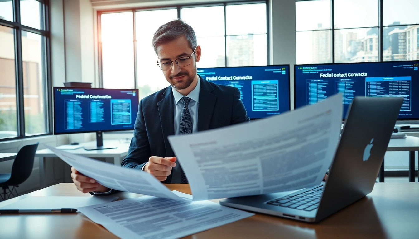 Evaluate registration and certification in Federal databases for federal contracts with business documentation in modern office.