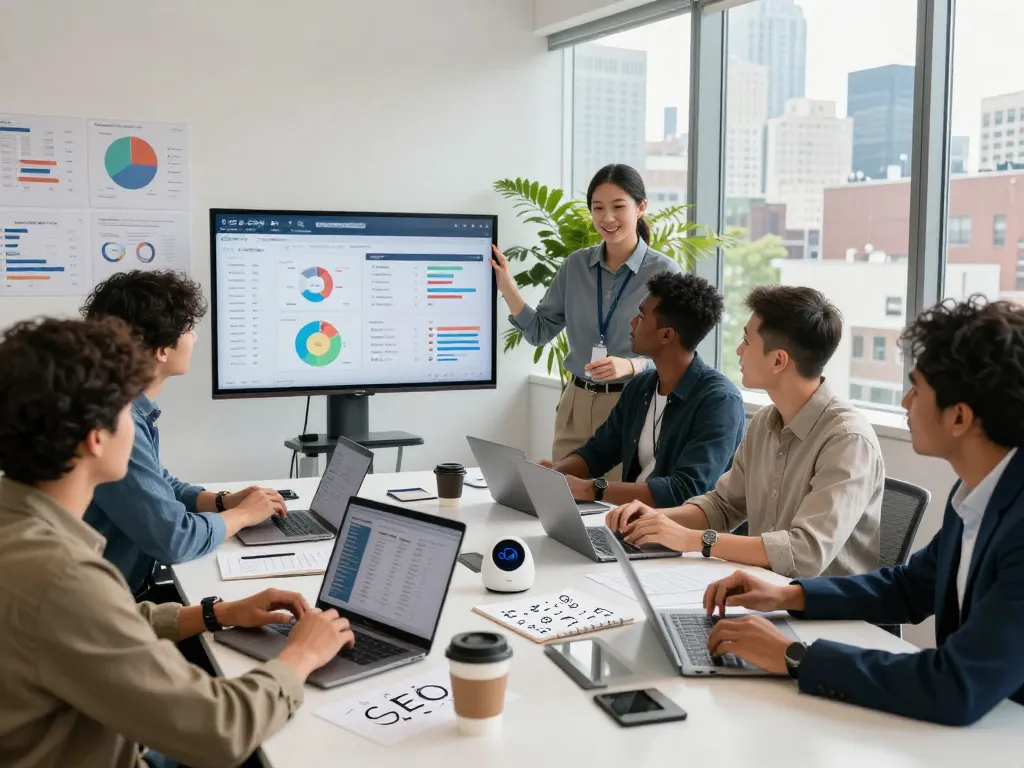 Team collaborating in NYC SEO Company office, showcasing SEO strategies and data analysis.