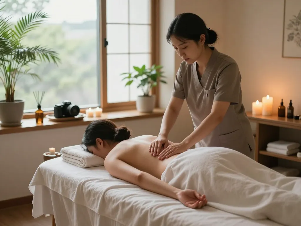 Tranquil 강남스웨디시 massage therapy scene with calming elements and natural light.