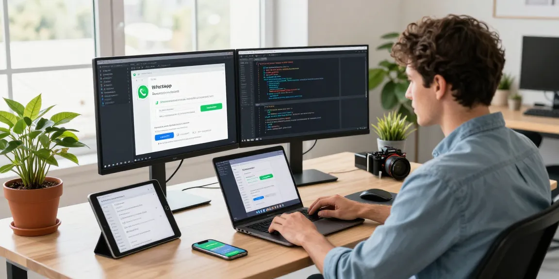 Developer focused on WhatsApp下載 in a modern workspace with laptops and coding tools