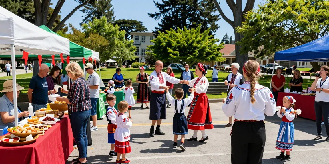 Polish community gathering in San Francisco at https://www.sfpol.com/ with families enjoying traditional food and folk dances.