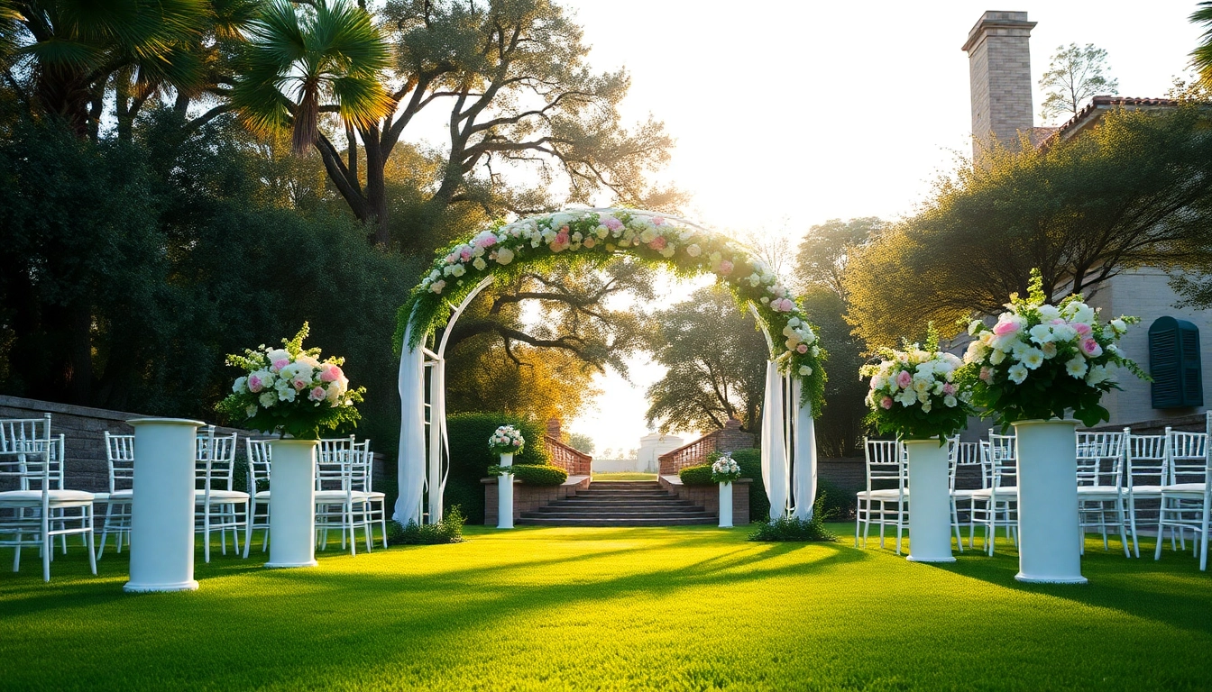 Ceremony setup at Jacksonville Wedding Venue featuring floral arch and lush greenery.