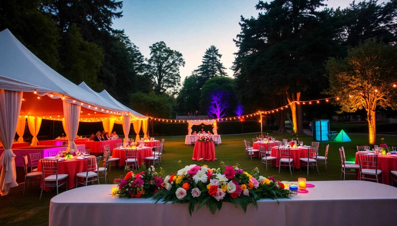 Elegant outdoor event rentals setup with beautifully arranged table and tents.