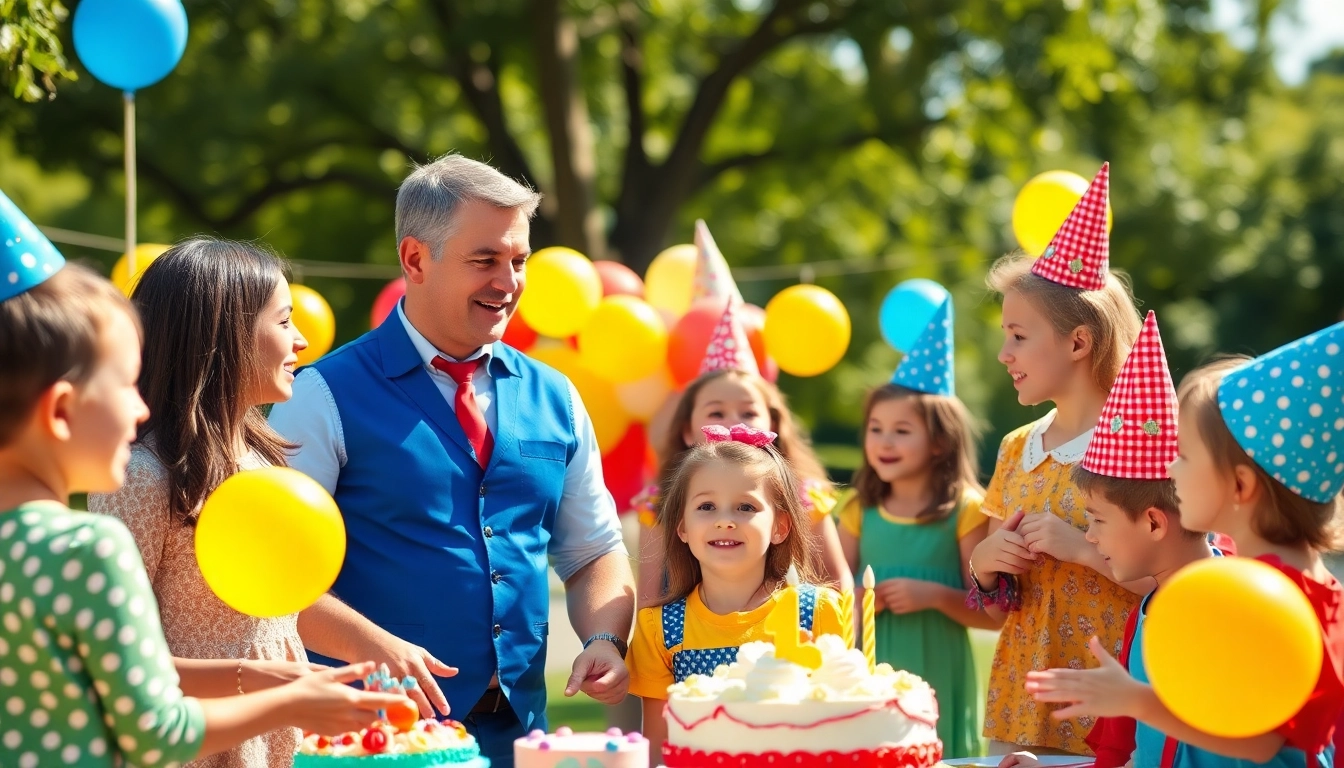 Kids enjoying activities with birthday party entertainers at a festive celebration, full of joy and laughter.