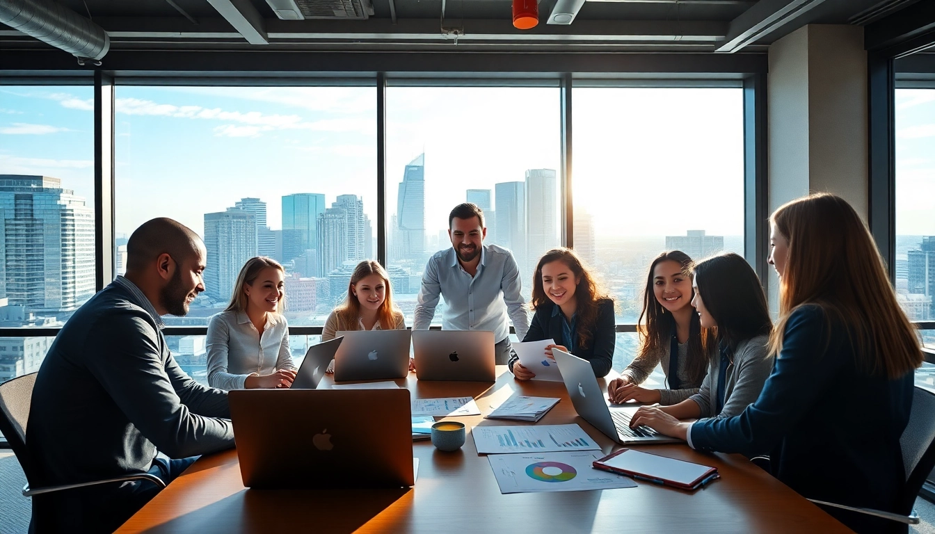 Team strategizing online marketing edmonton in a modern office setting with city views.