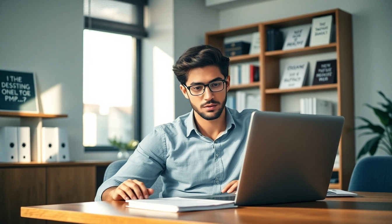 Pay someone to take my PMP exam with a professional studying in a modern office.
