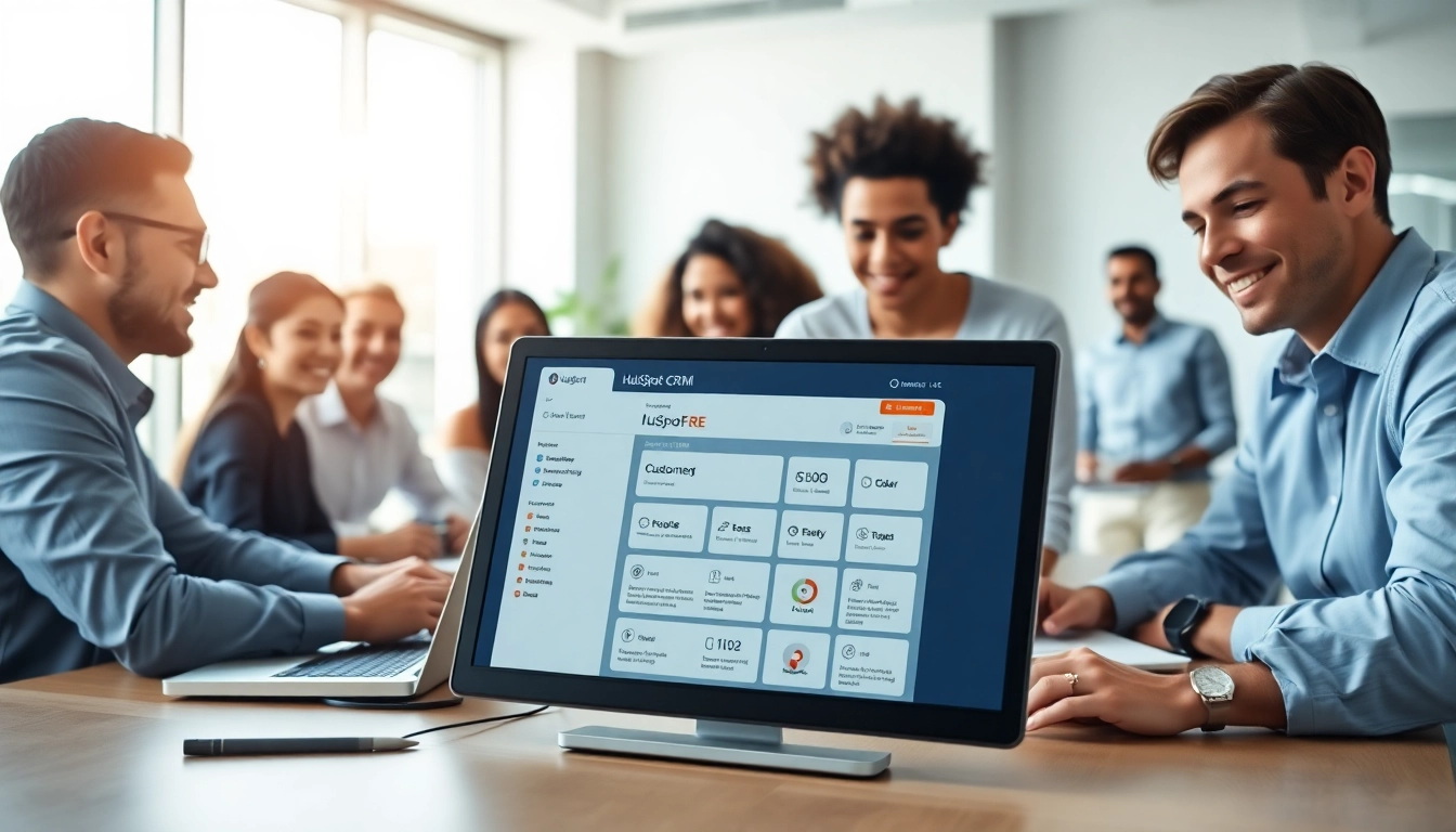 Collaborative team using HubSpot CRM Free software in a bright office space.