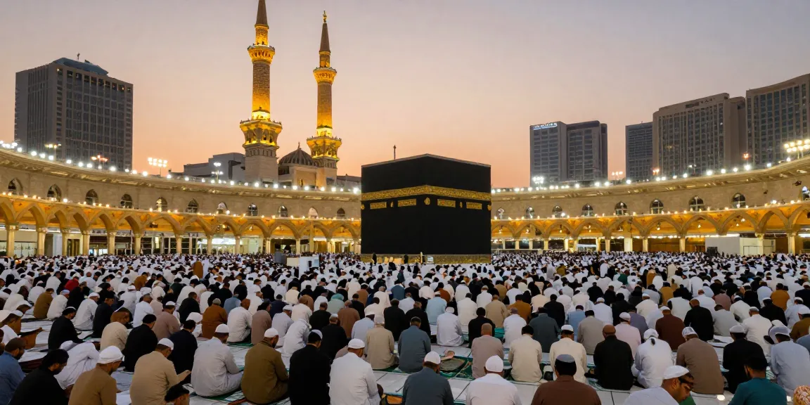Experience the unity and spirituality of umroh full ramadhan during sunset at Masjidil Haram, where pilgrims gather for devotion and community.