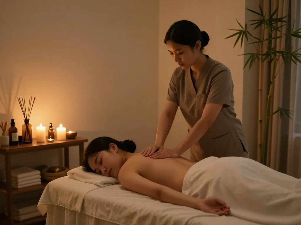 Tranquil 잠실스웨디시 massage scene in a luxurious spa with calming lighting and professional therapist.