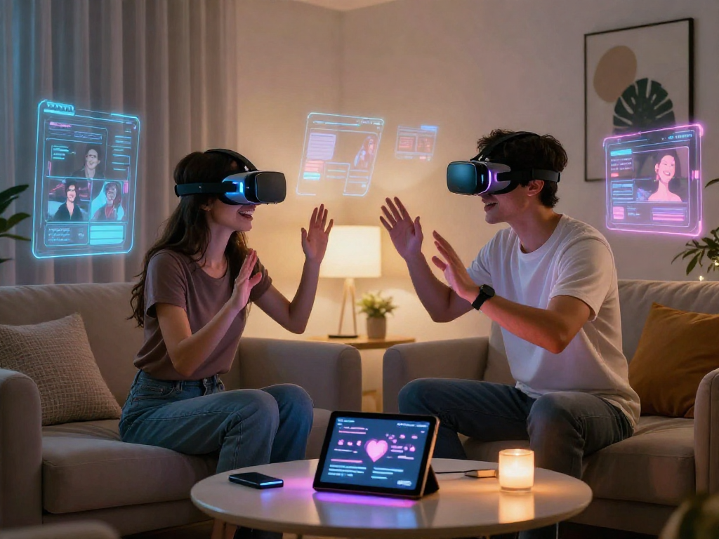 Engaging ai porn virtual scene with couple using VR headsets in a cozy lounge.