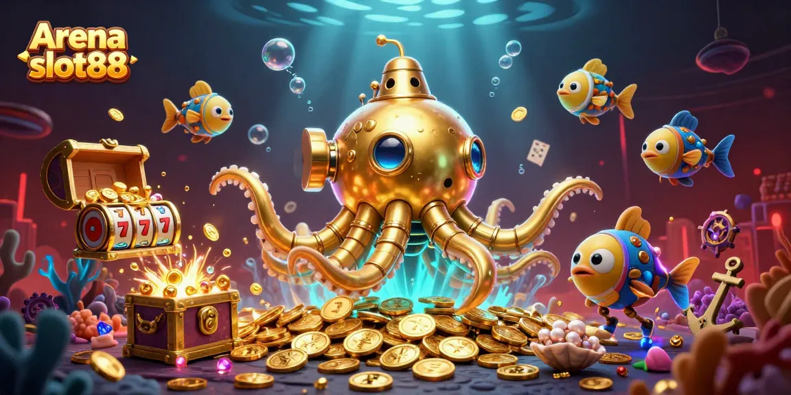 Menampilkan Arena slot88, ilustrasi 3D dengan monster kraken, uang emas, dan elemen kasino.