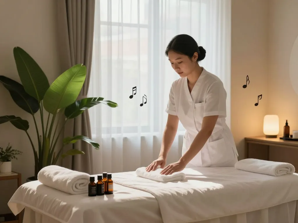 신사동마사지 therapy room with ambient lighting and essential oils, promoting relaxation in a wellness spa