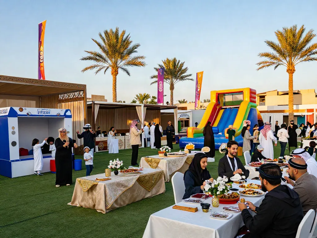 Event rentals for a vibrant festival in Saudi Arabia with luxury decor and interactive games.