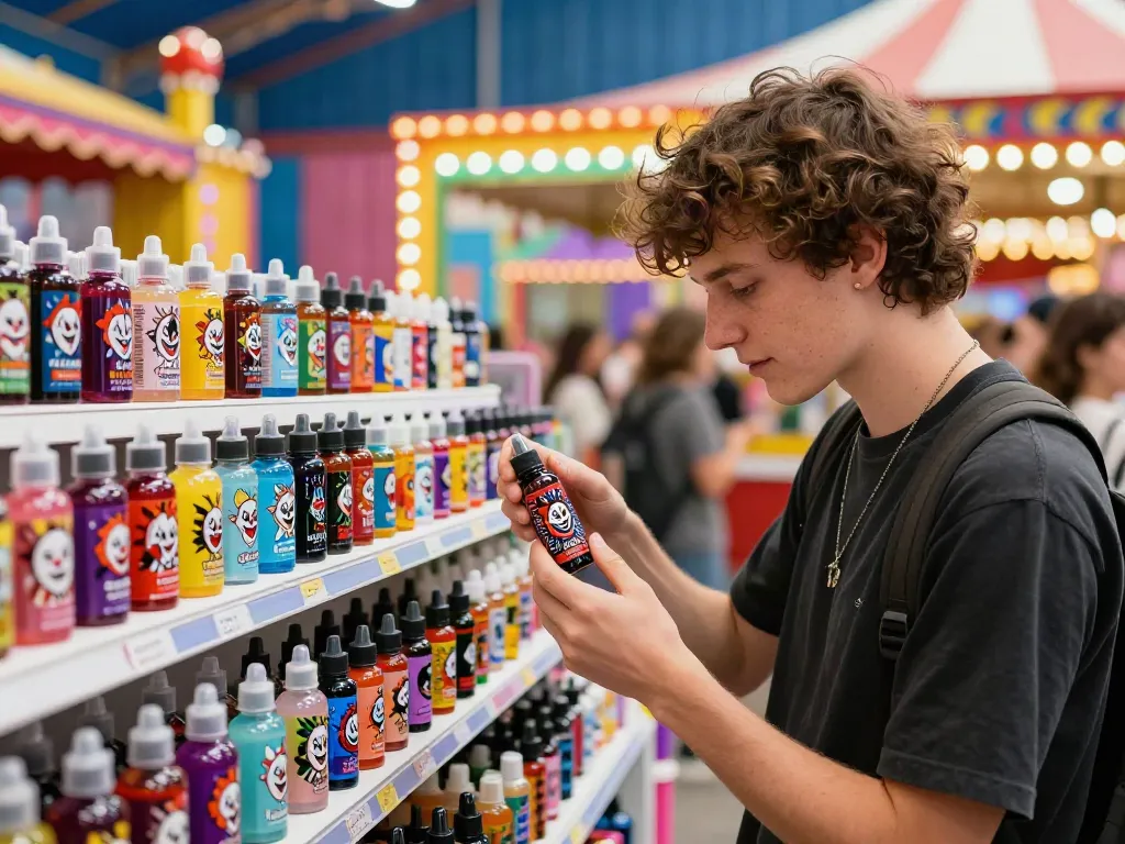 Engaged vaper examining Clown vape juice bottles in colorful carnival-themed shop.