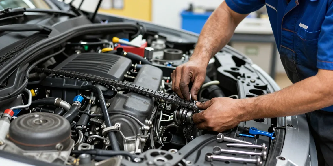 Professioneller Mechaniker prüft den BMW Steuerkettenwechsel in einer gut ausgestatteten Werkstatt.