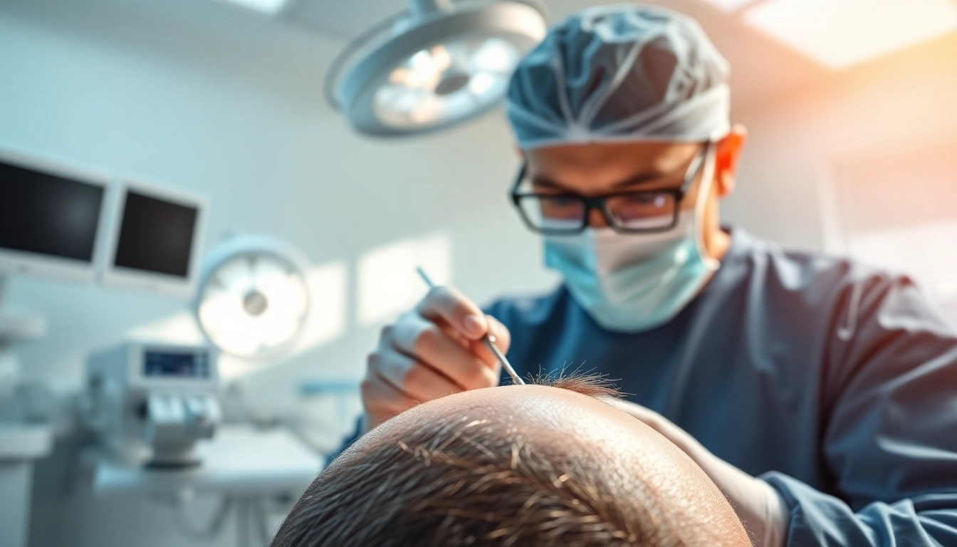 Highlighting hair transplant istanbul price with a skilled surgeon performing a procedure in a modern clinic.