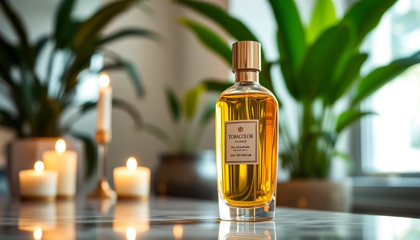 Experience the allure of Tobacolor perfume bottle on a marble countertop surrounded by greenery.