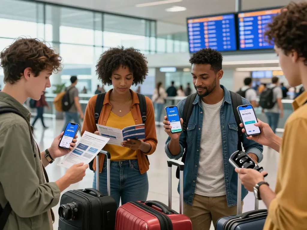 תמונה של נוסעים בתחנת תעופה פעילה עם הפעלות eSIM לחו"ל