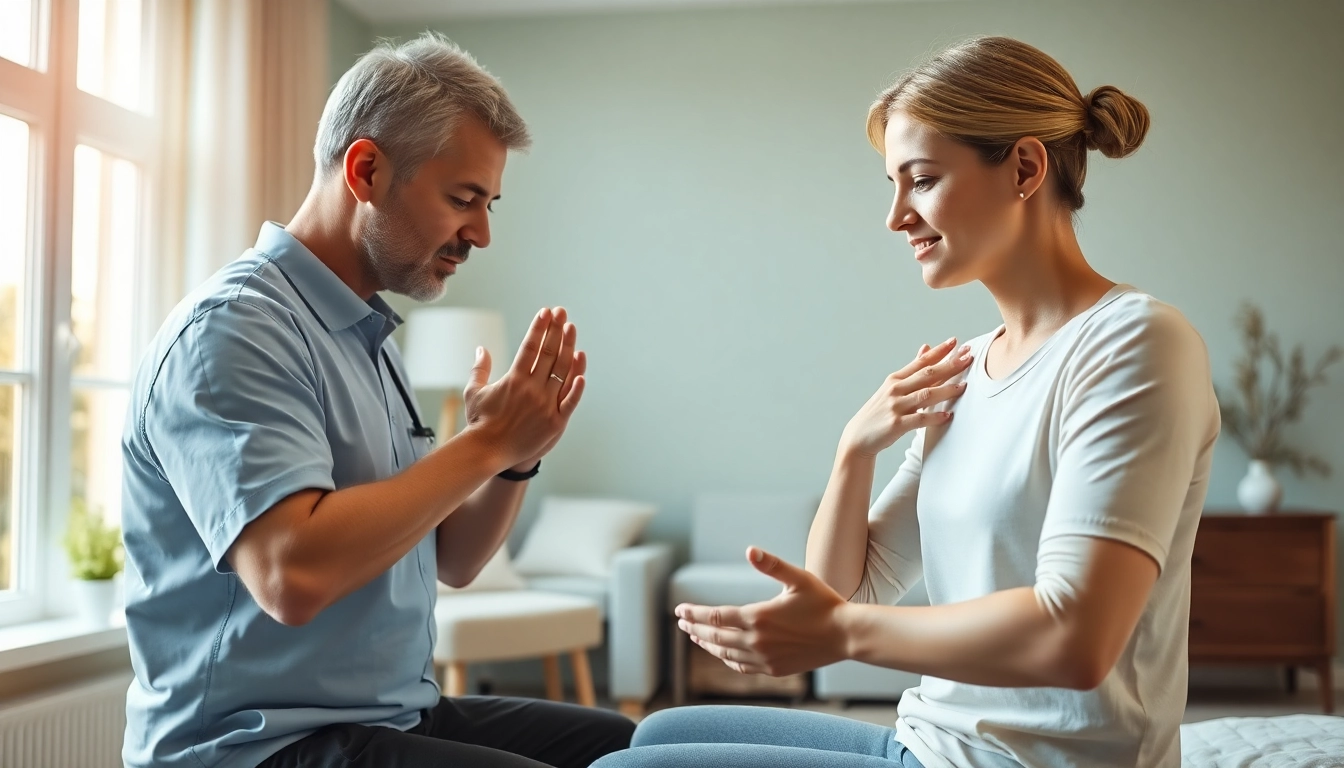 Practitioner demonstrating back pain remedies in a bright clinic, showcasing therapeutic techniques.