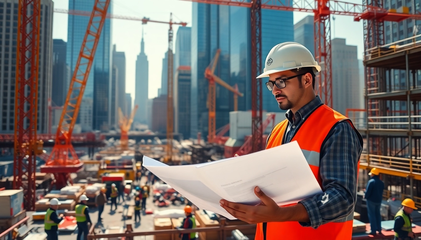 New York City Construction Manager reviewing blueprints at a busy construction site in NYC.