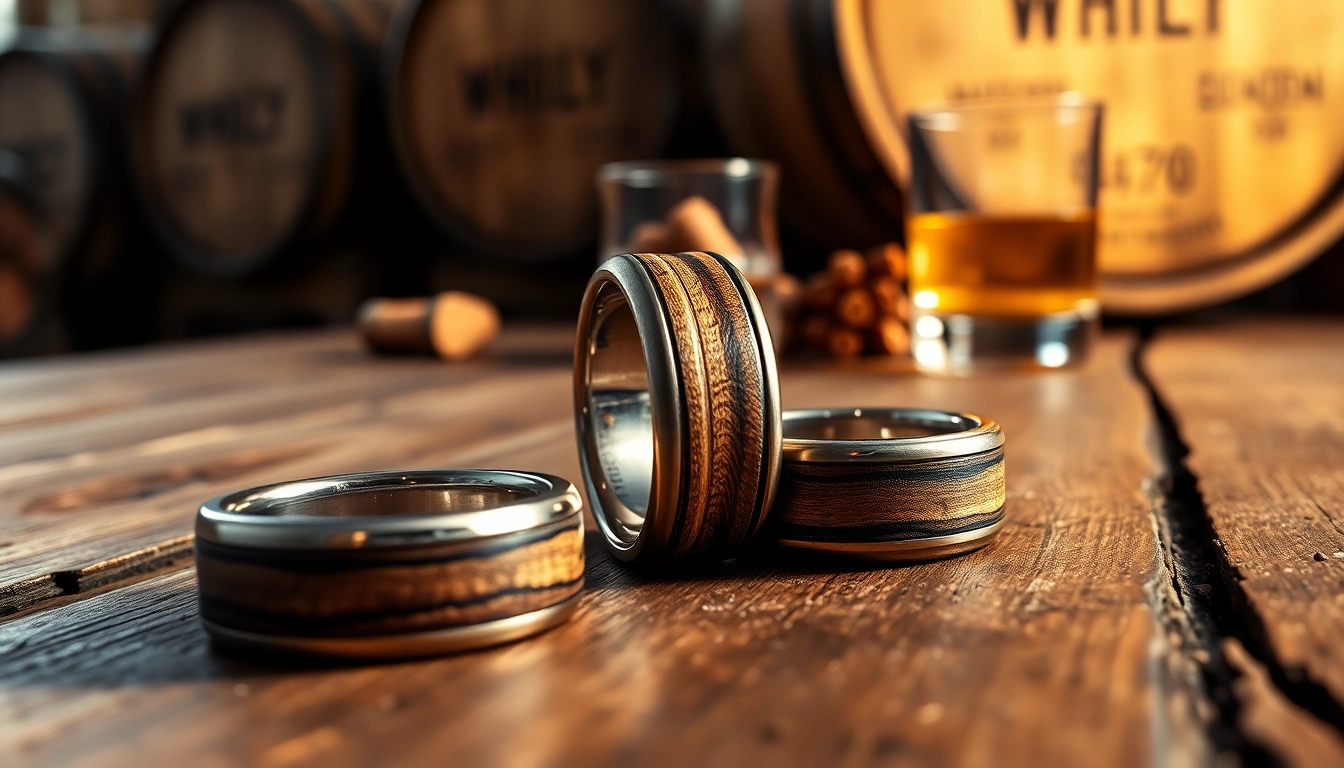 Crafting authentic Whiskey Barrel Wedding Bands with unique grain patterns displayed elegantly.