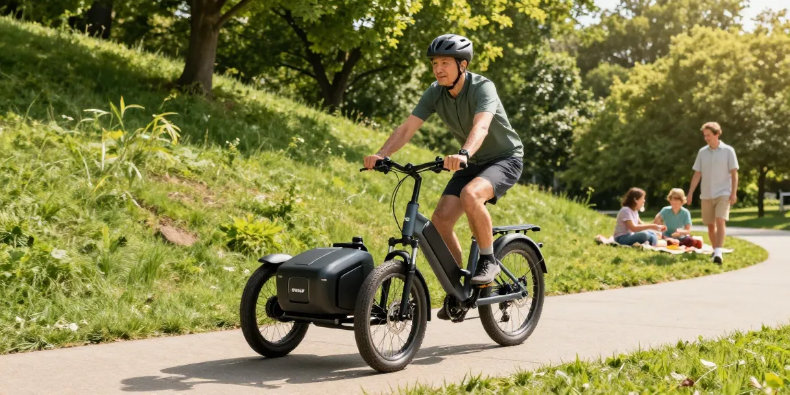 Pedaling the best electric tricycles along a scenic path with family enjoying a picnic in the background.