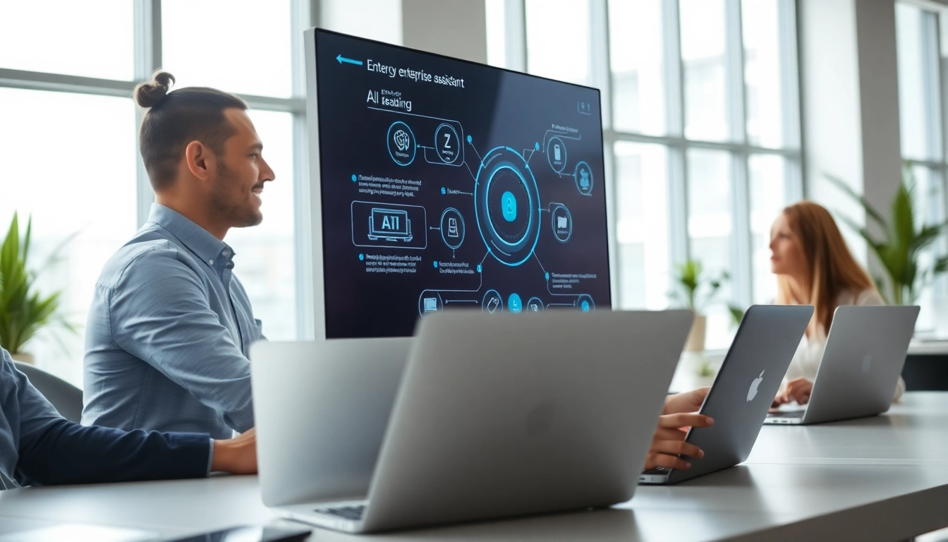 Engaging enterprise assistant demonstrating digital functionalities in a vibrant office space.