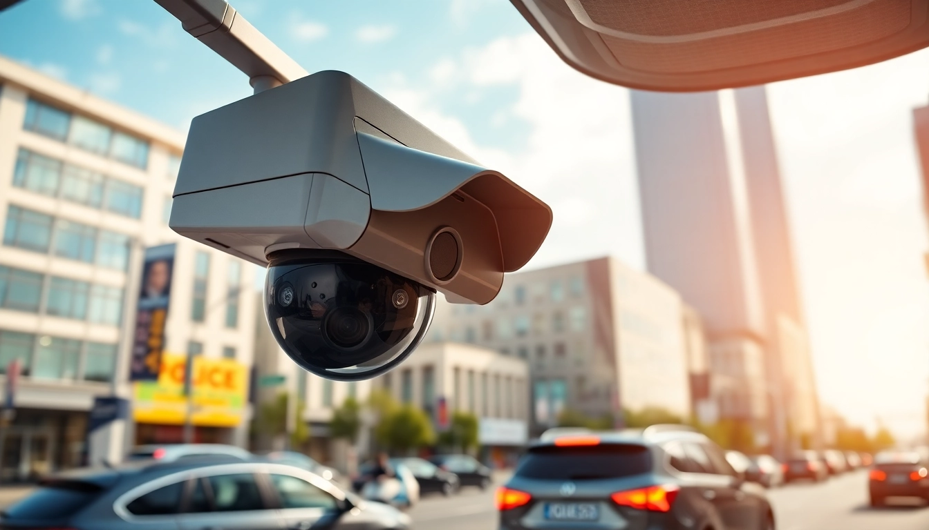 Capture of automatic license plate recognition system in use with police vehicle and urban street scene.