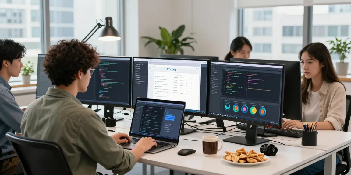 Developing the 纸飞机官网 application in a modern tech workspace with multiple screens showcasing code.