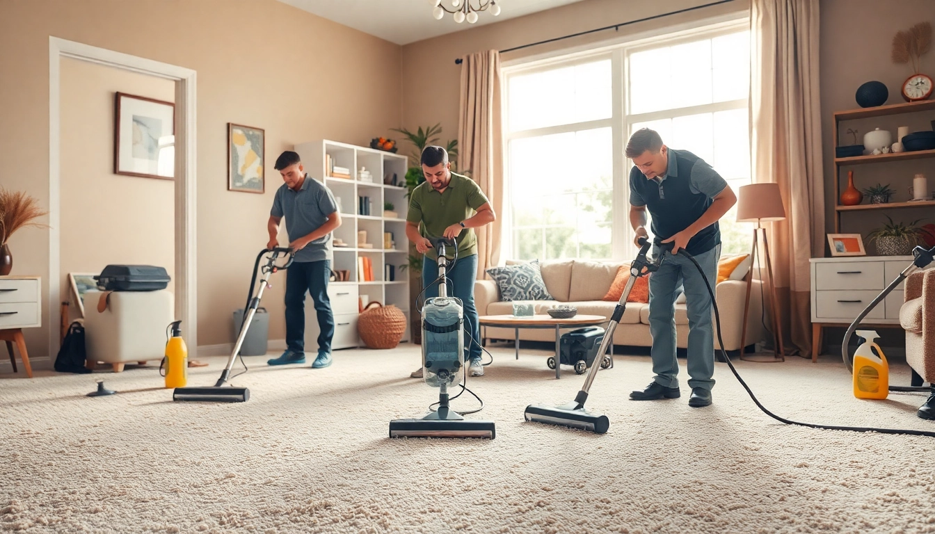 Local carpet cleaners efficiently cleaning a soft carpet in a warm, welcoming living room.