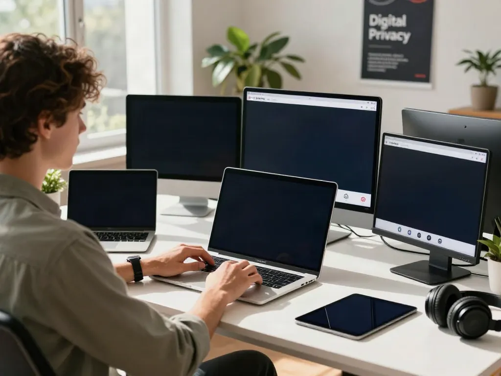 Person using Insanony in a modern workspace, showcasing Instagram story viewer interface.