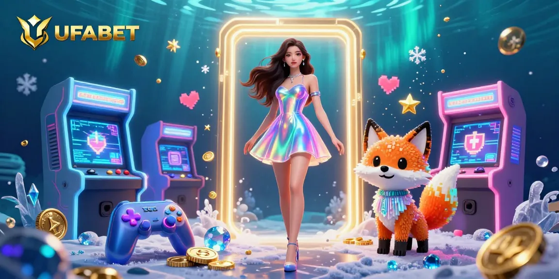 Experience UFABET's vibrant gaming world with a glamorous woman and pixelated fox amidst dynamic casino elements.