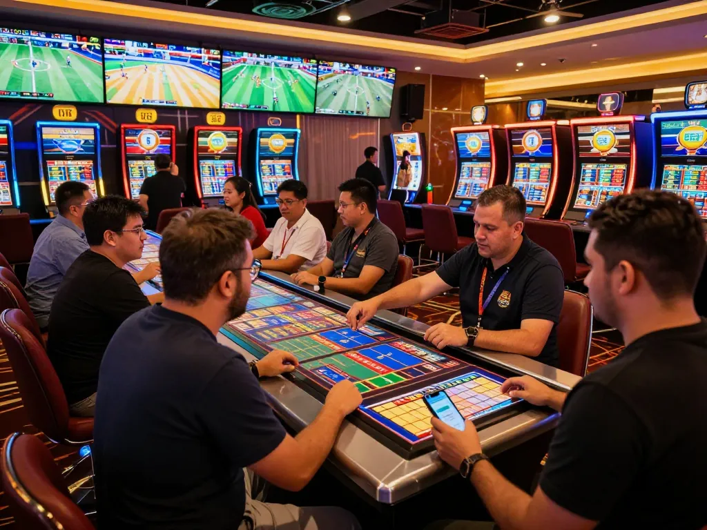 Engaged bettors analyzing odds and placing bets on SKY88 at a modern sports betting kiosk.