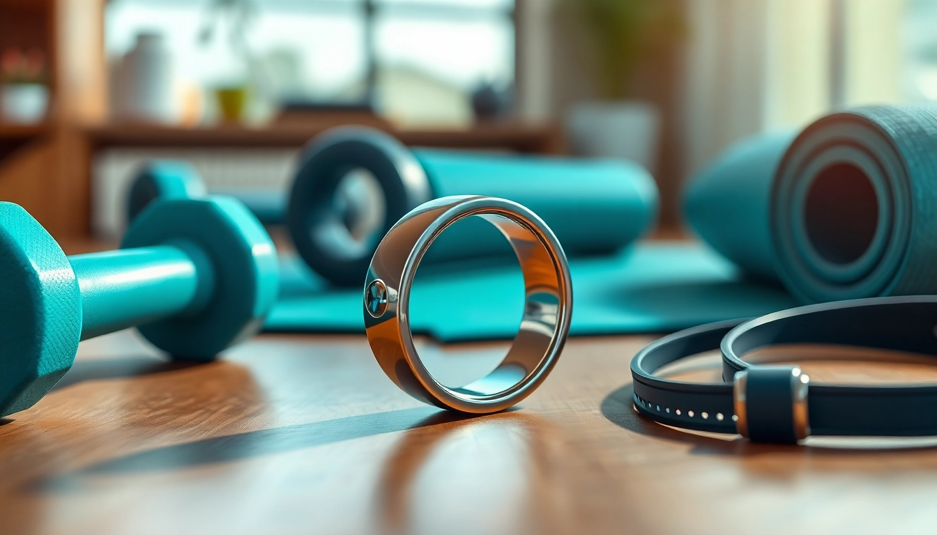 Health Ring showcased on a fitness tracker amidst workout gear, emphasizing wellness.