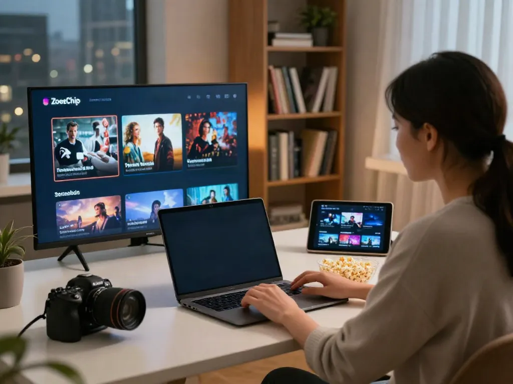 User enjoying ZoeChip streaming movies online at a cozy desk with popcorn.