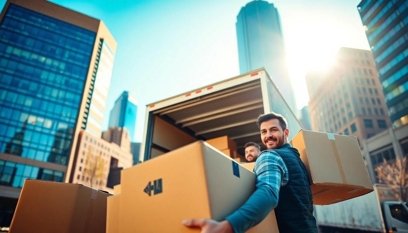 Moving companies in Detroit efficiently loading a truck in a bustling urban environment.